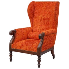 Antique Italian Wingback Chair with Mahogany Frame, Newly Upholstered