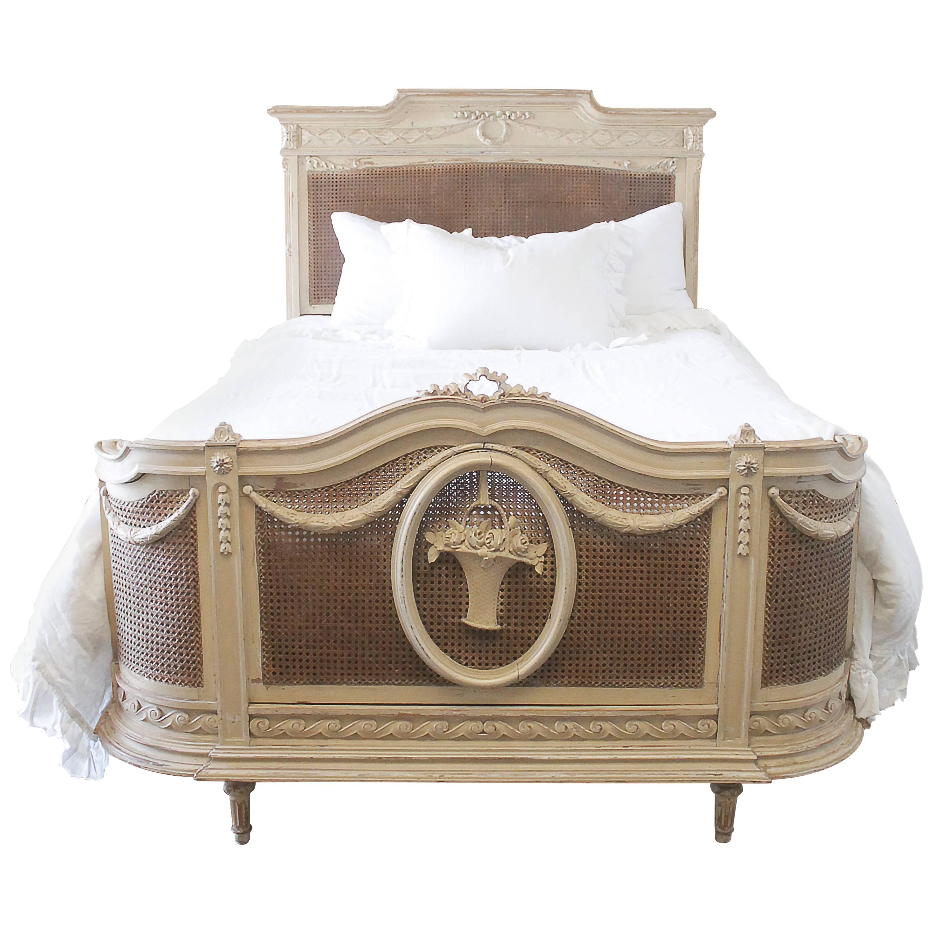 19th Century Full Size French Country Style Painted Double Caned Bed