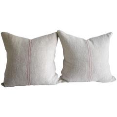 Pair of Antique French Grain Sack Linen Pillows with Down 12