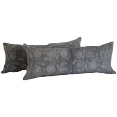 Pair of Vintage Faded Grey Batik Floral Lumbar Pillows