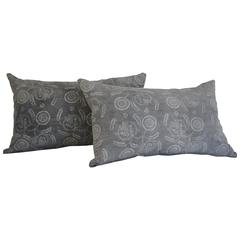 Pair of Vintage Grey Batik Linen Pillows with Floral Pattern