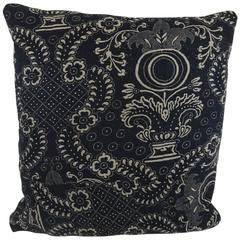 French Antique, circa 1800s Indigo Resist Block Printed Cotton Pillow