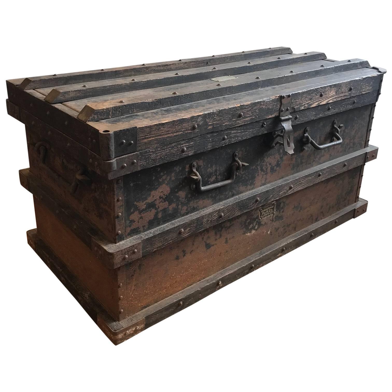 Industrial Iron and Wood Large 19th Century Trunk