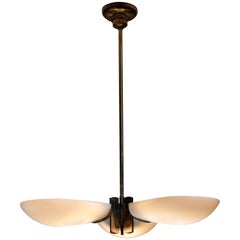 Brass and Opaline Glass Three-Armed Chandelier, Sweden, 1940s 4