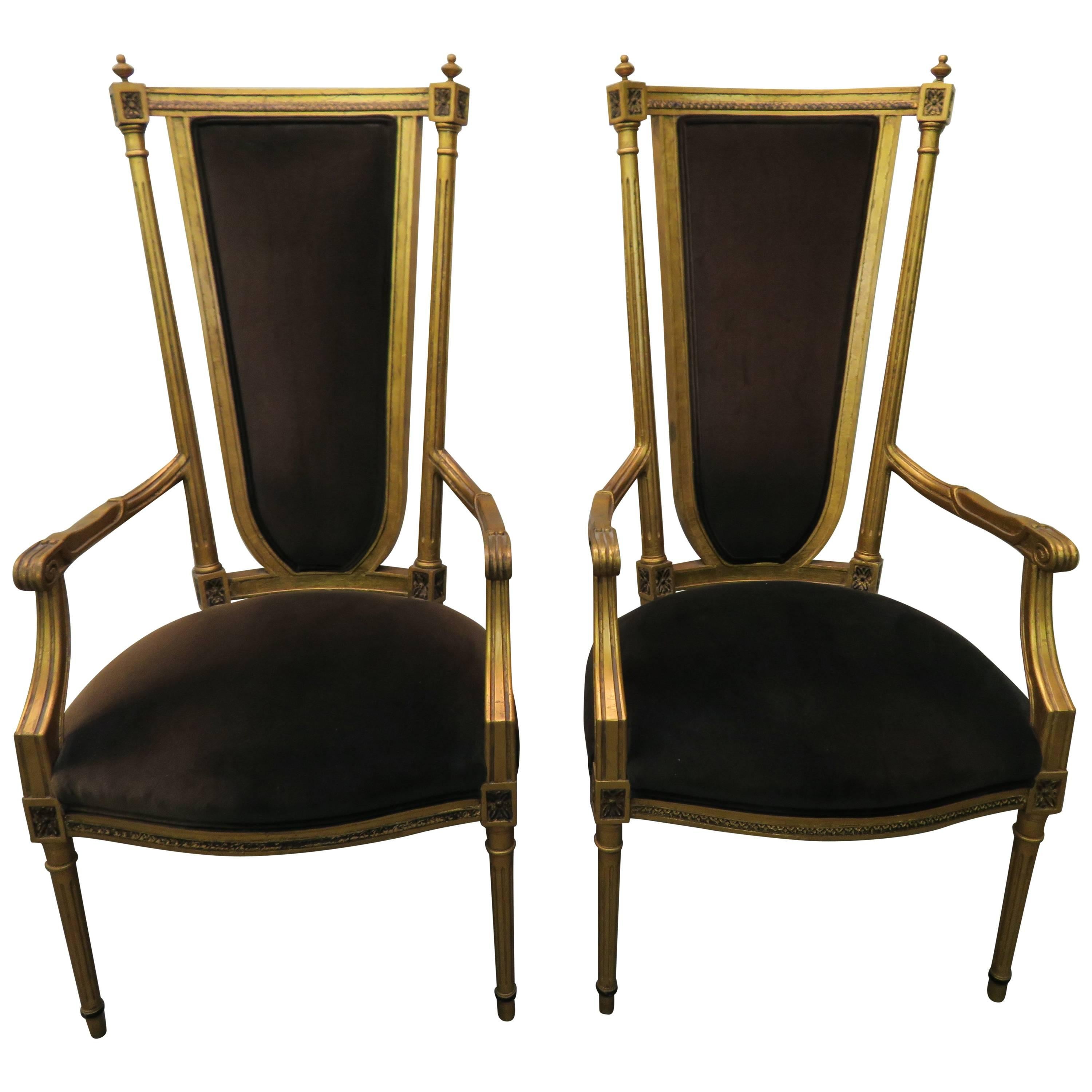 Pair of Hollywood Regency Maison Jansen Style Neoclassical Gilded Gold Armchairs