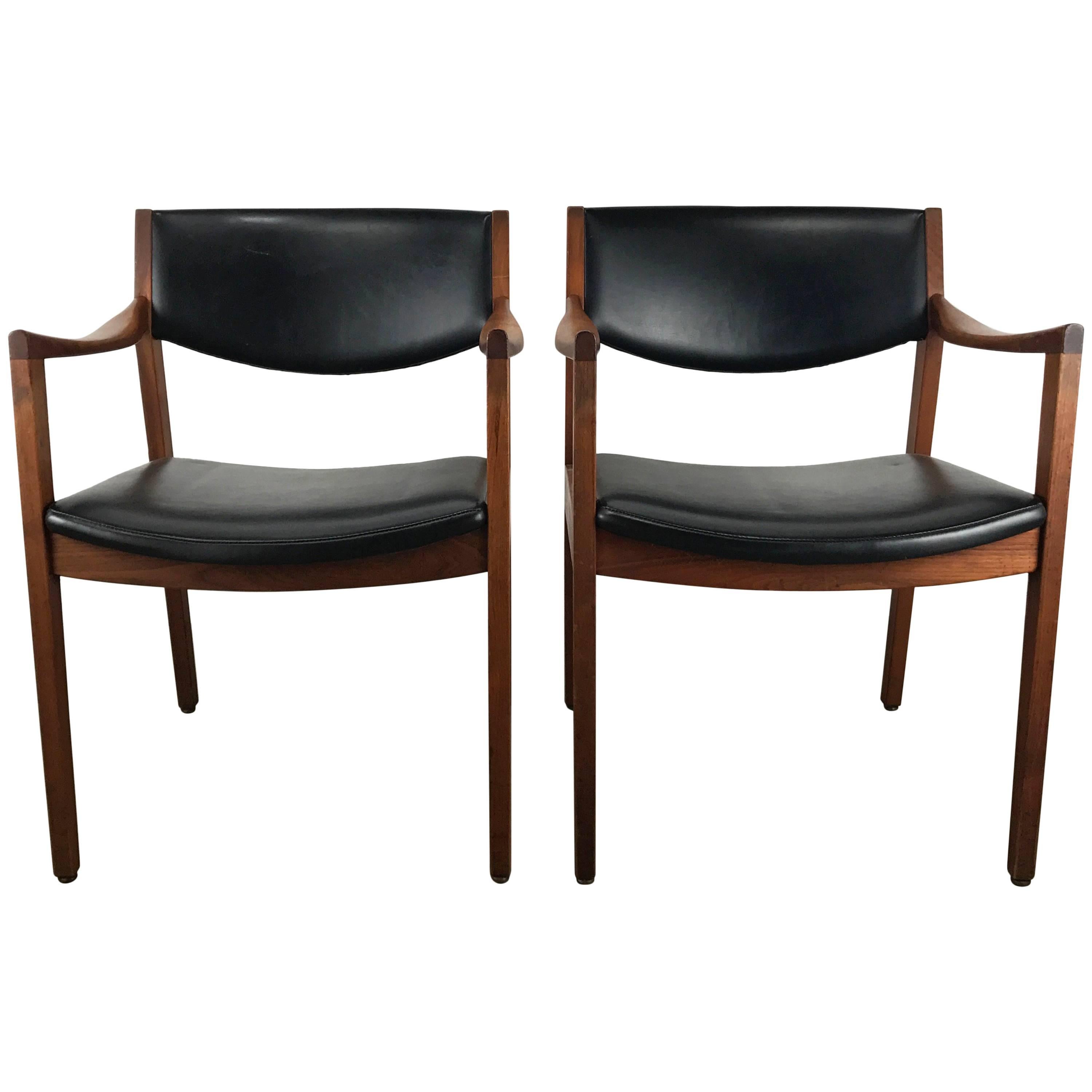Stunning Pair of Modernist Oiled Walnut and Black Armchairs by Gunlocke