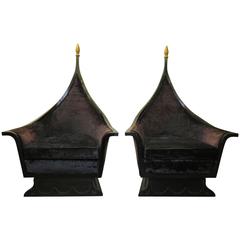 Pair of Hollywood Regency James Mont Style Black Lacquered Chairs, Mid-Century