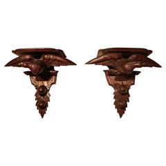19th Century Pair of Black Forrest Carved Oak Wall Brackets, Eagles
