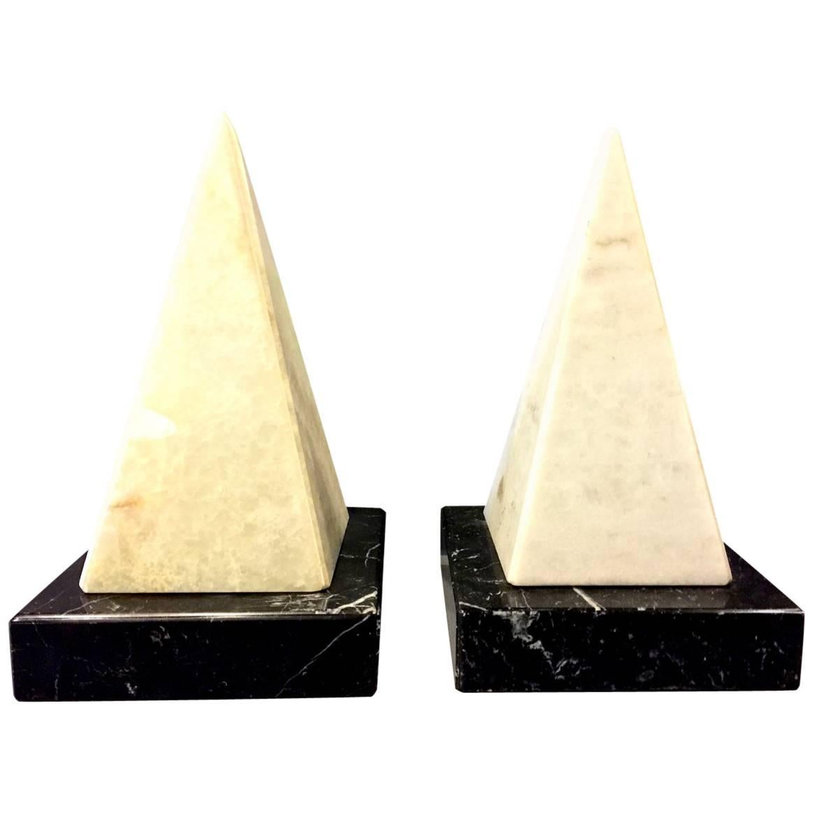 Pair of Mid-Century Alabaster and Marble Obelisk Lamps