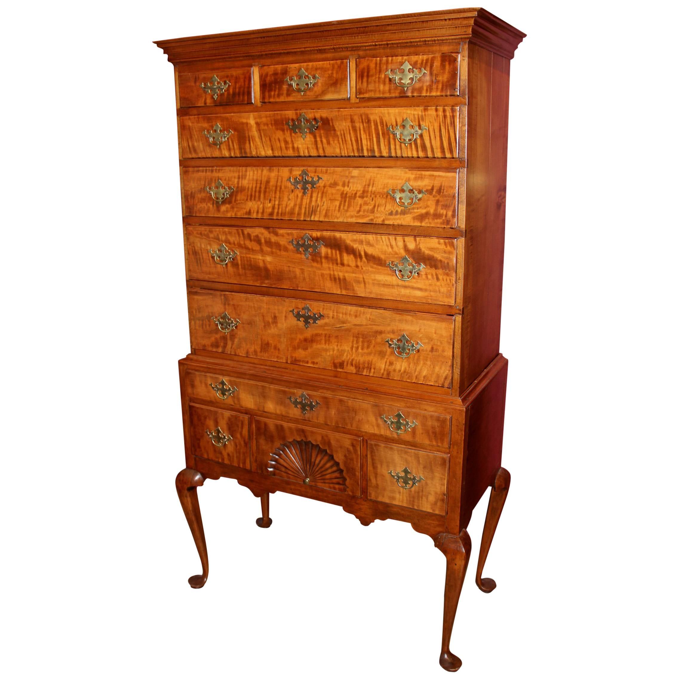 New Hampshire Queen Anne Two-Part Tiger Maple Highboy