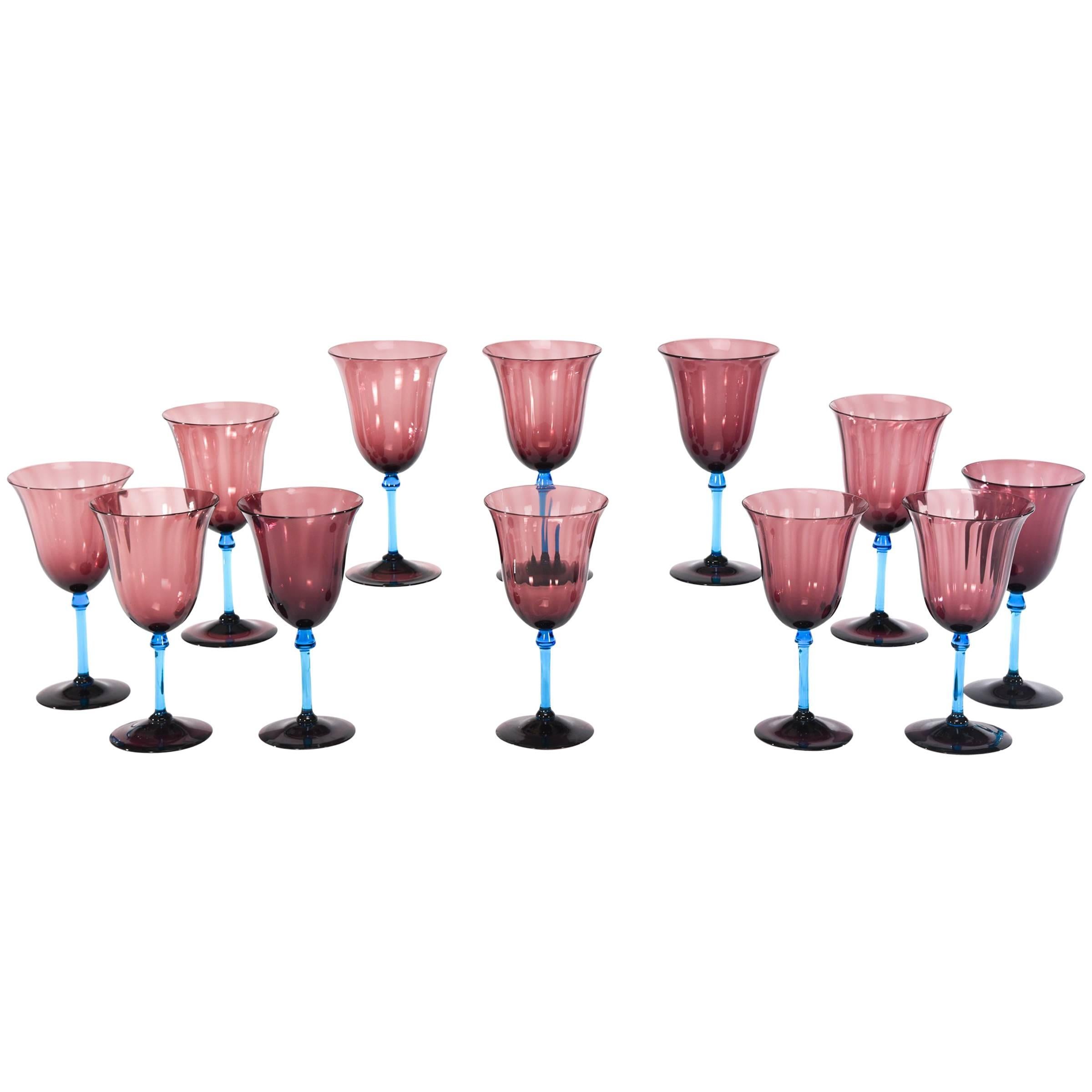Set of 12 Steuben Handblown Optic Ribbed Amethyst Goblets with Celeste Blue Stem For Sale