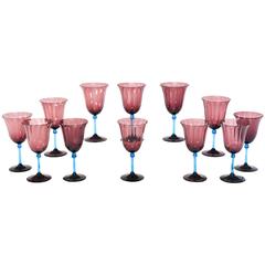 Set of 12 Steuben Handblown Optic Ribbed Amethyst Goblets with Celeste Blue Stem 11