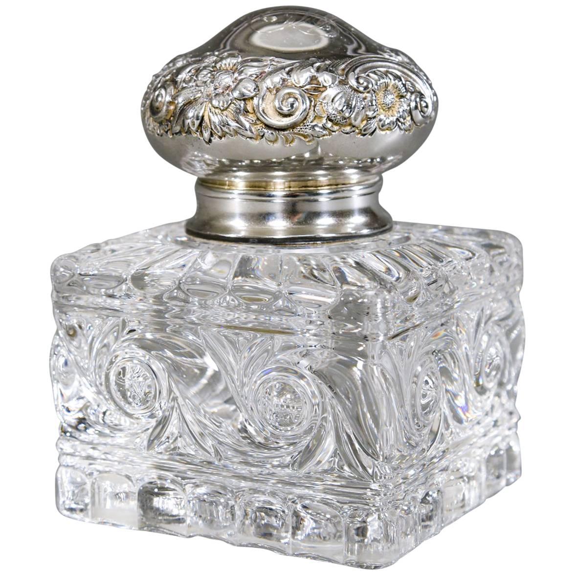 19th Century Baccarat Crystal Inkwell with Elaborate Sterling Silver Top For Sale