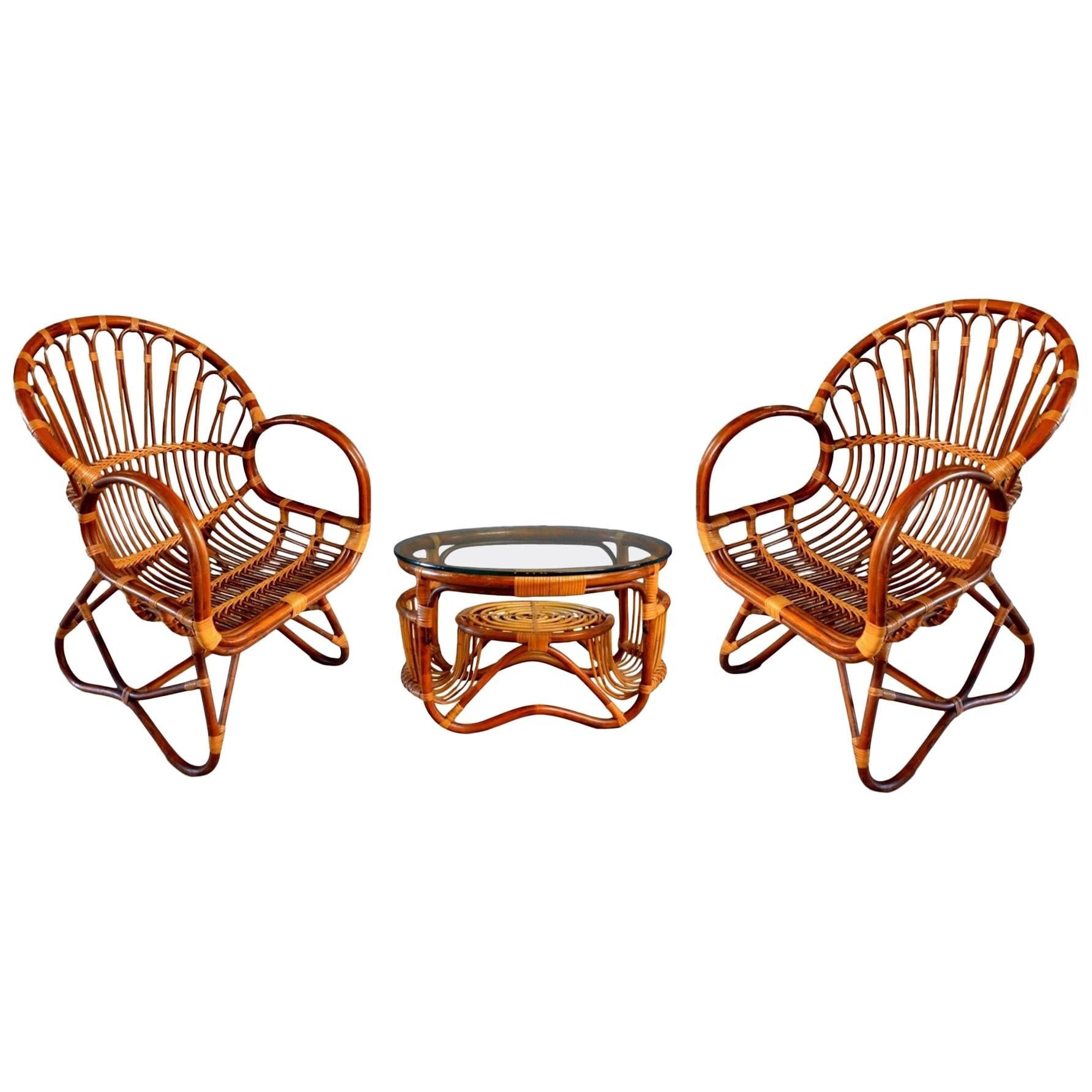 Sculptural Bamboo and Rattan Chairs with Matching Side Table