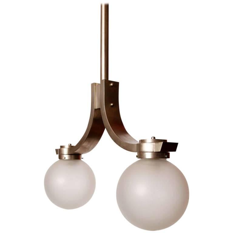 Art Deco Bronze, Two Etched Glass Globes Chandelier, France