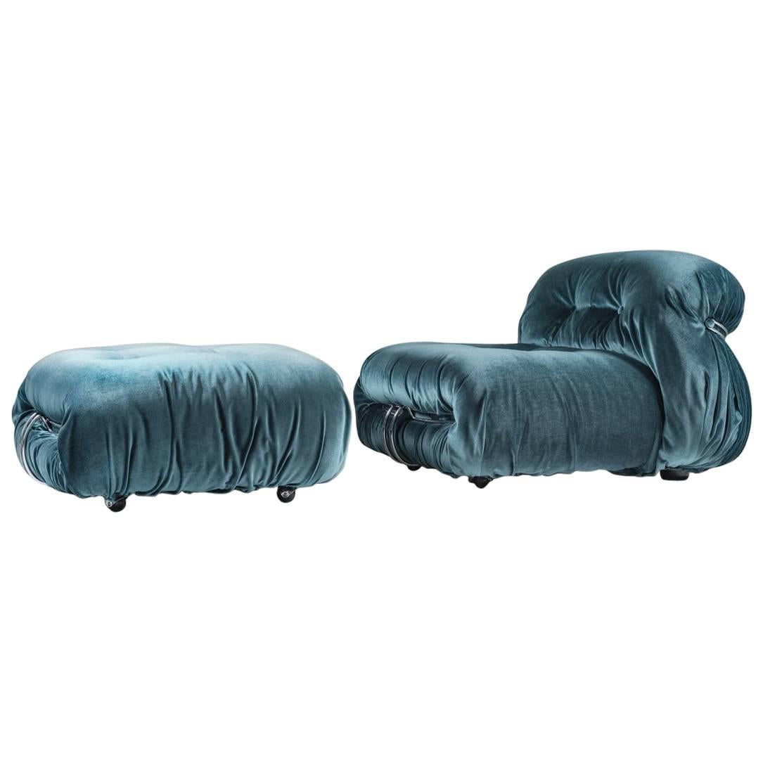 Armchair and Ottoman in Blue Velvet "Soriana" by Tobia Scarpa for Cassina
