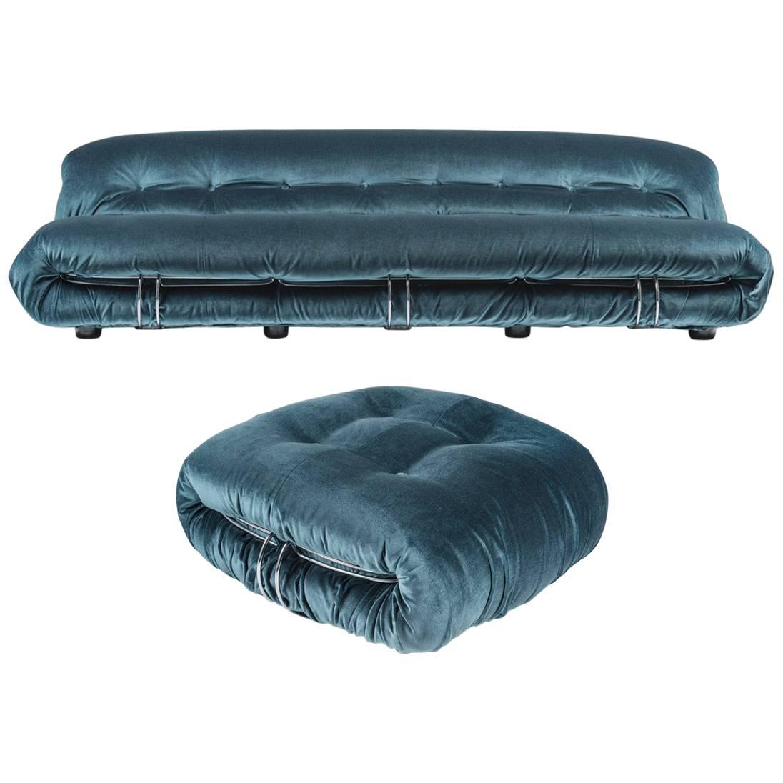 Sofa and Ottoman in Blue Velvet "Soriana" by Tobia Scarpa for Cassina
