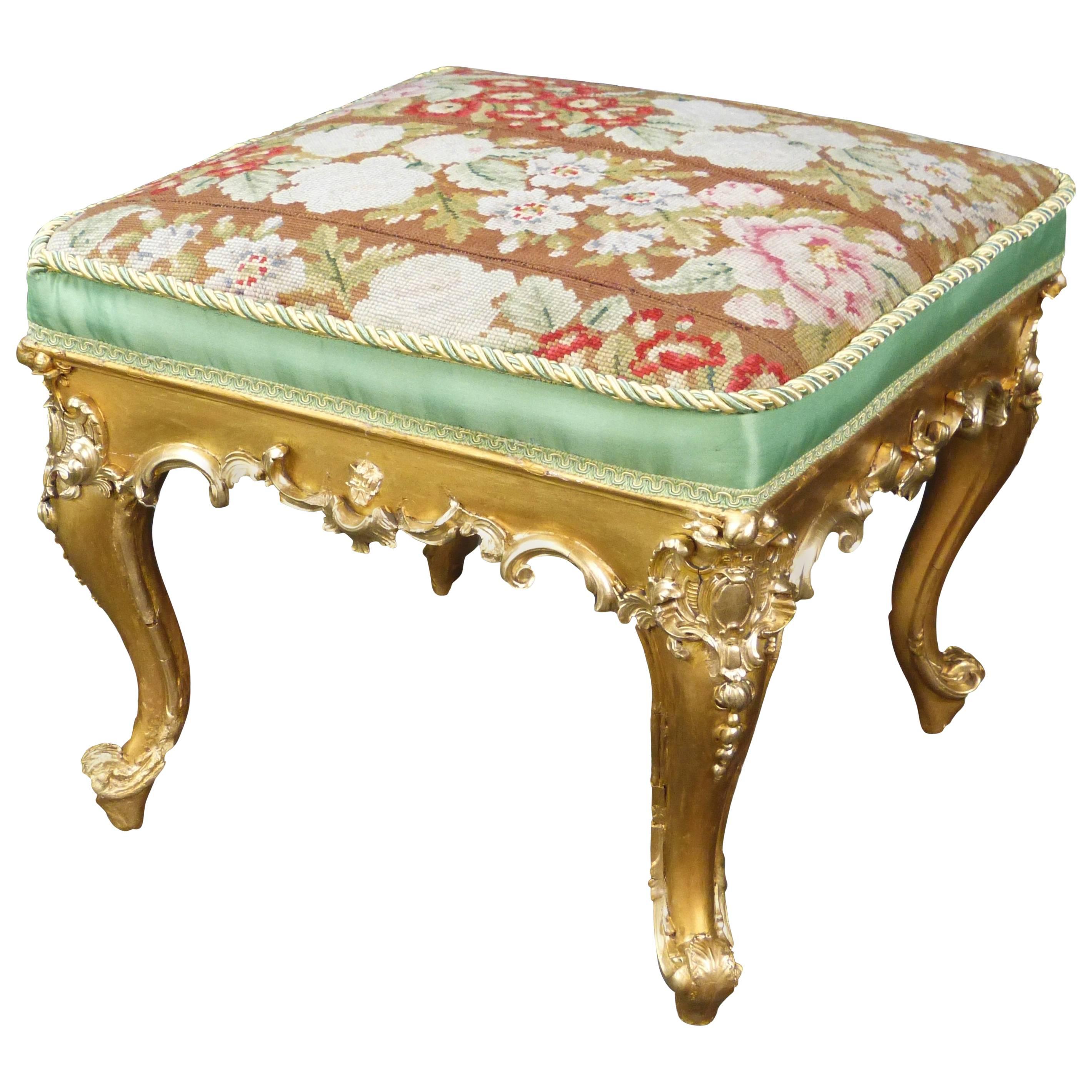 Late 19th Century Louis XV Style Giltwood and Petit Point Stool