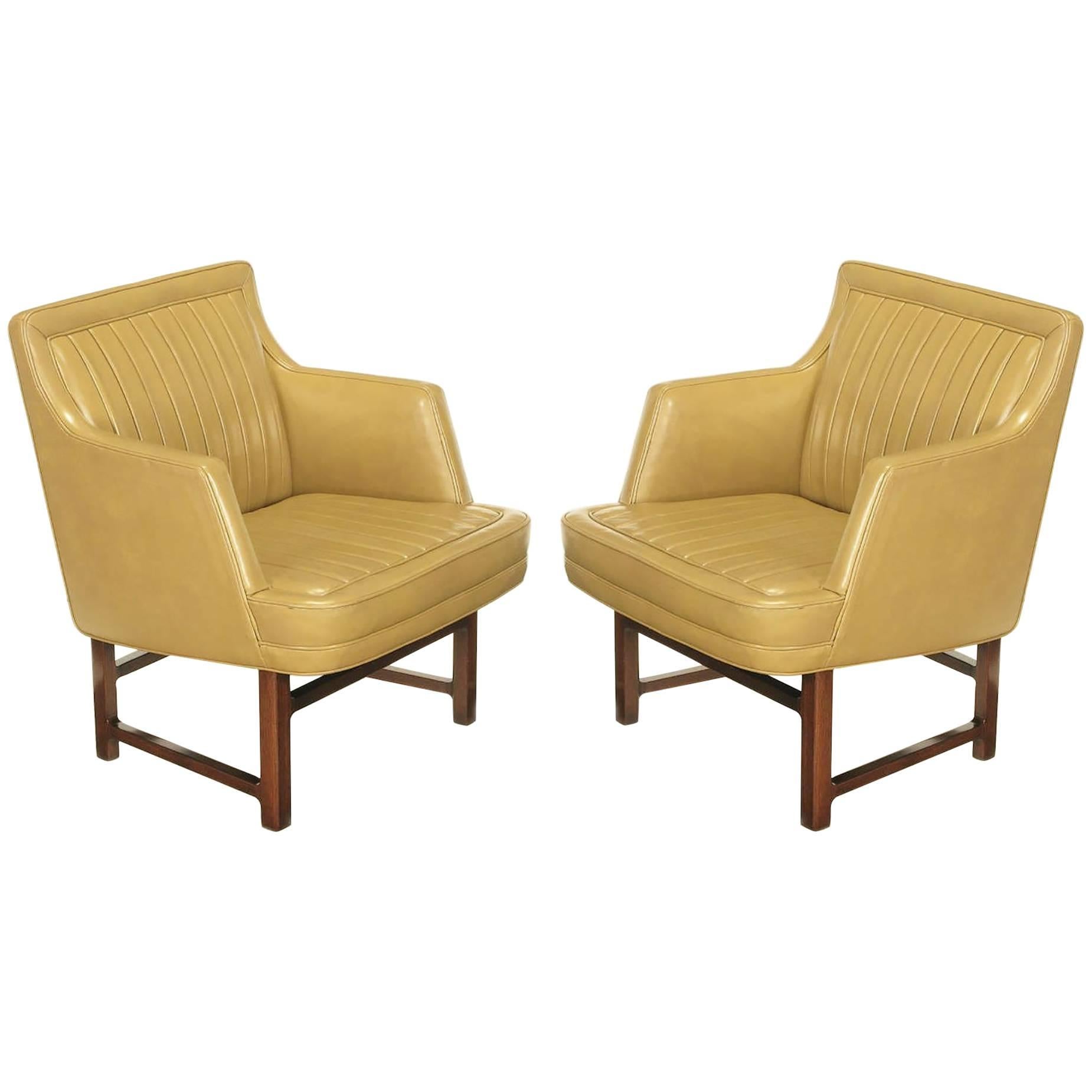 Pair of Edward Wormley "Bucket Seat" Leather and Mahogany Club Chairs