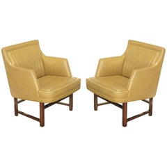 Pair of Edward Wormley "Bucket Seat" Leather and Mahogany Club Chairs