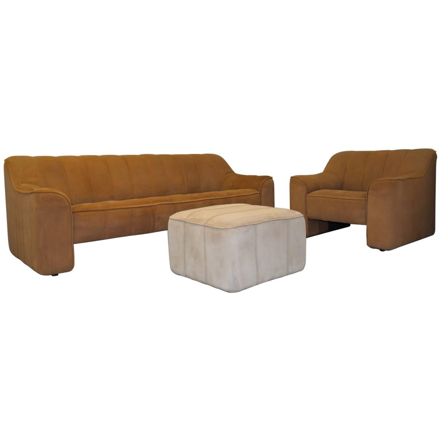 Vintage De Sede DS 44 Sofa and Matching Armchair with Ottoman, 1970s