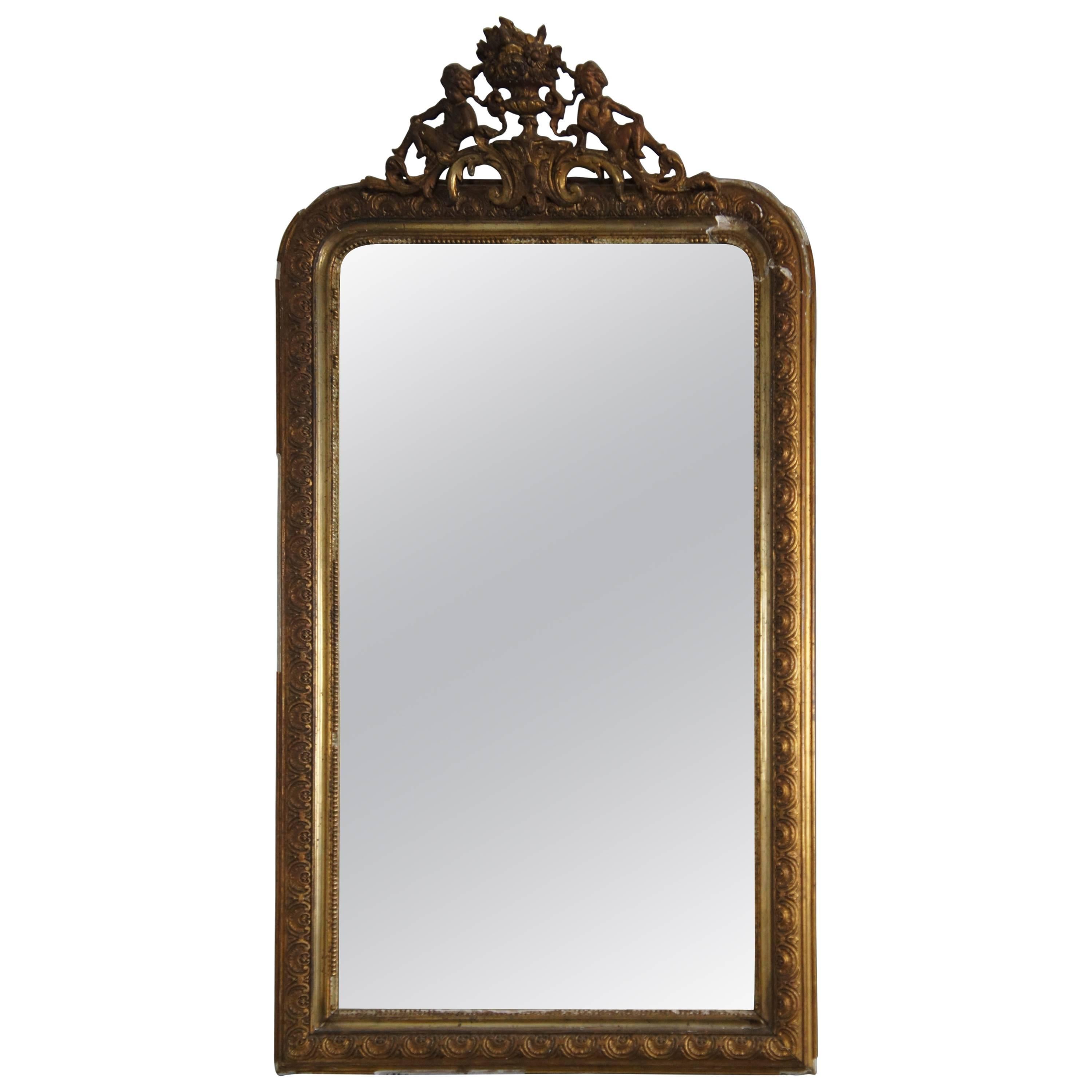 19th Century French Louis Philippe Gilt Gesso Overmantle Mirror Putti Cherub