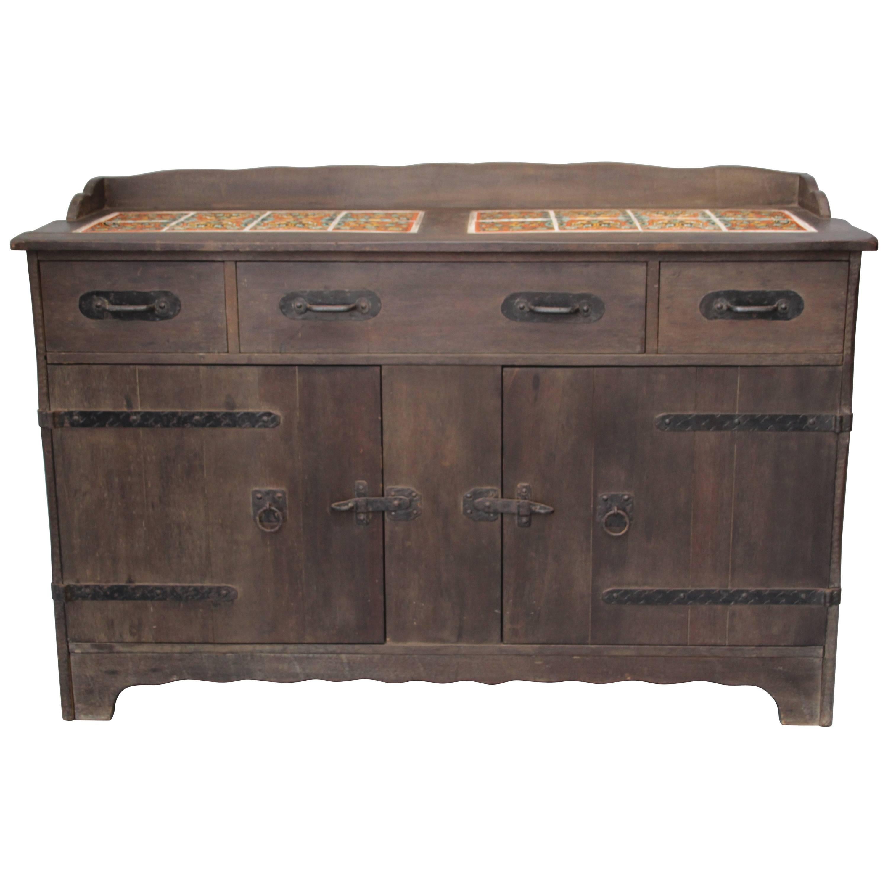 1930s Monterey 16 Tile-Top Sideboard Buffet in Original Old Wood Finish