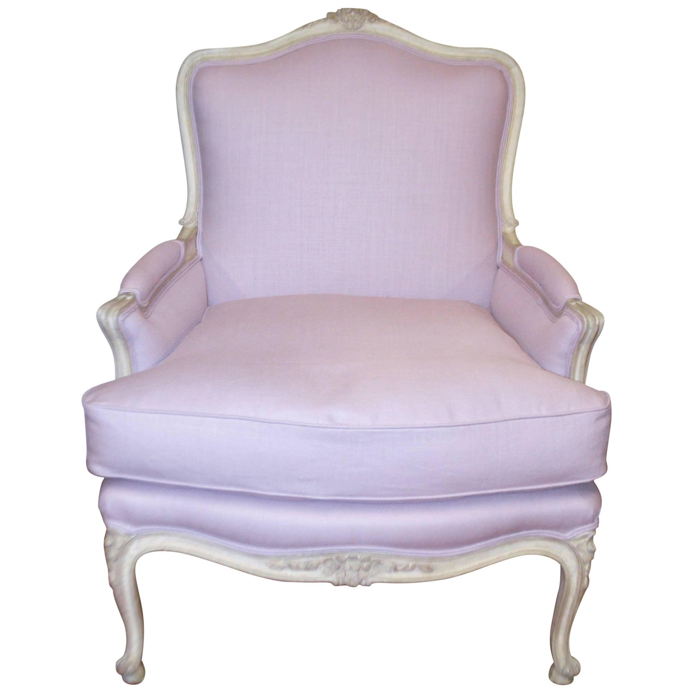 Louis XV Style Painted Bergere Chair Upholstered in a Lavender Linen