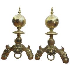 Pair of Monumental Late 19th Century English Solid Brass Lion Pull Andirons