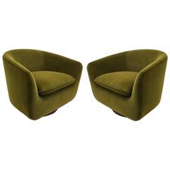 Pair of Mohair and Walnut Swivel Lounge Chairs by Edward Wormley