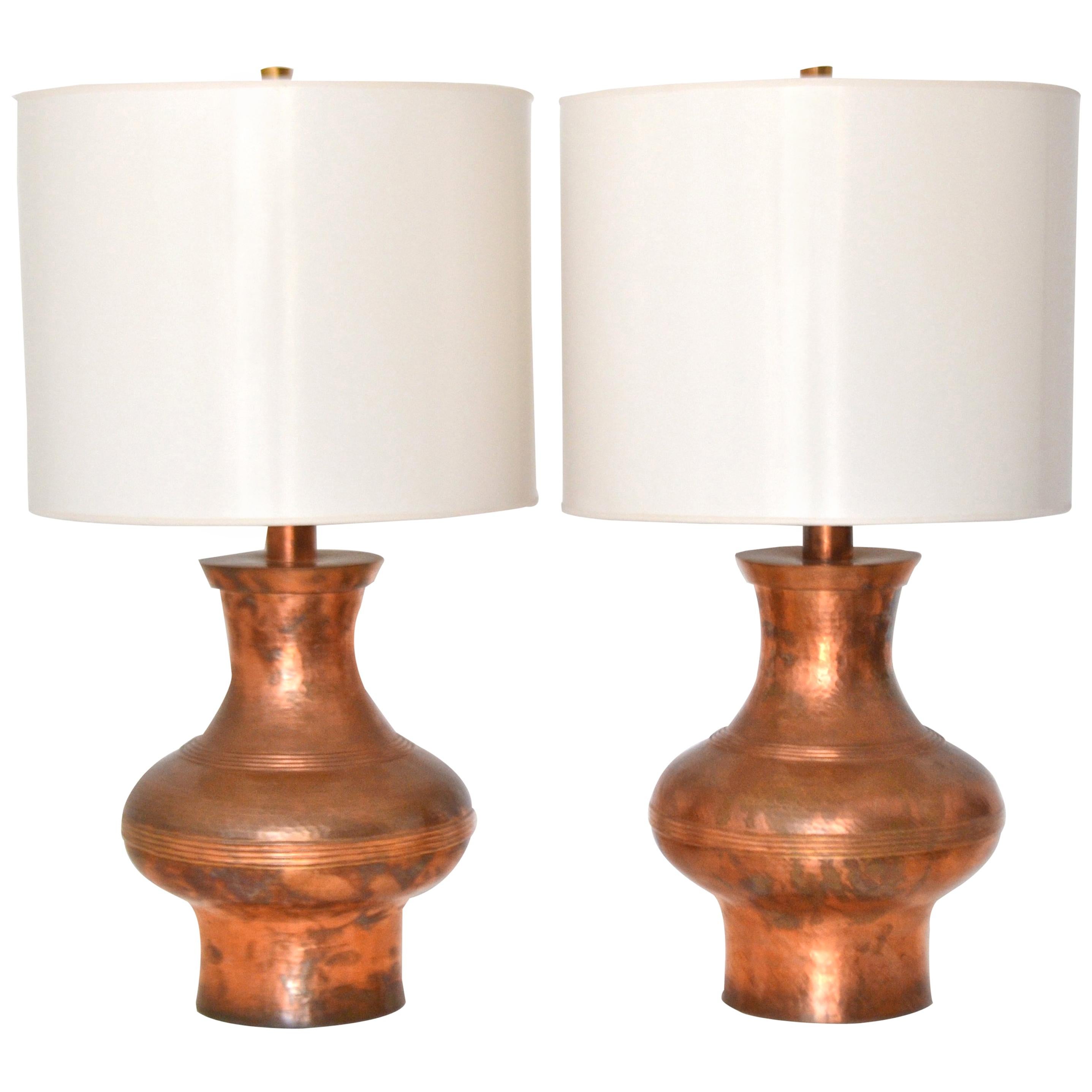 Pair of Hammered Copper Table Lamps For Sale