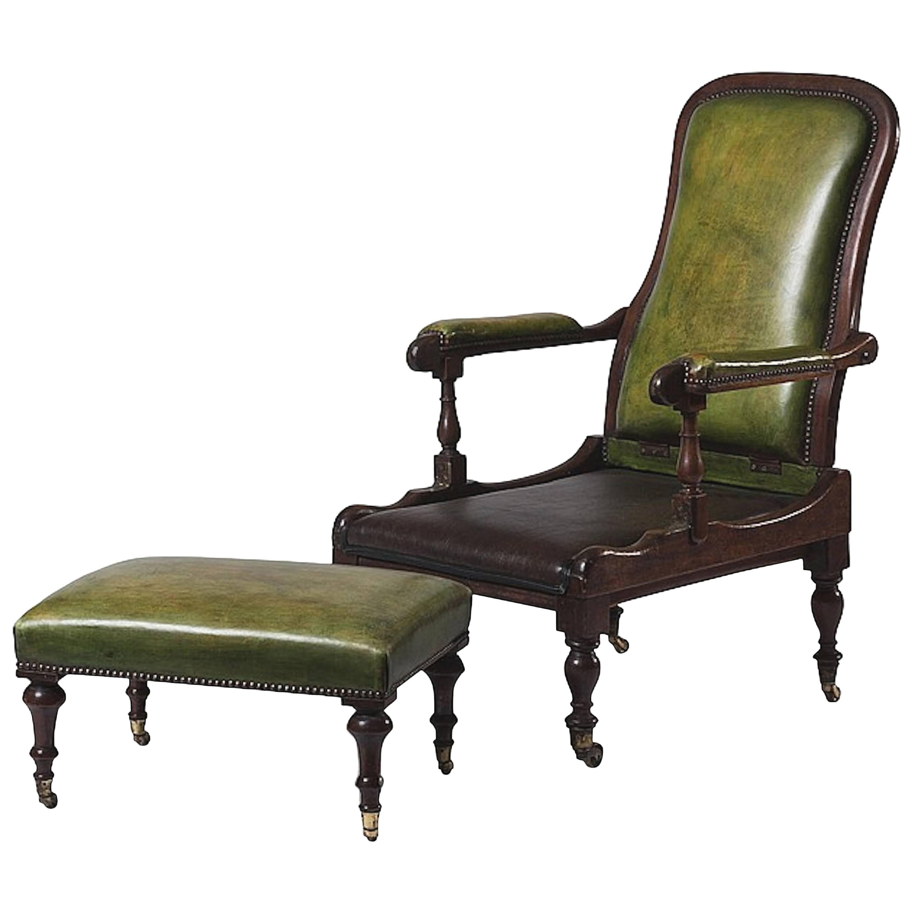 British Folding Campaign Chair and Ottoman Mahogany and Leather, circa 1860
