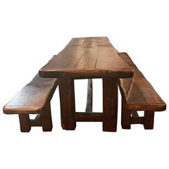 Vintage English Elm Farm Table and Two Benches