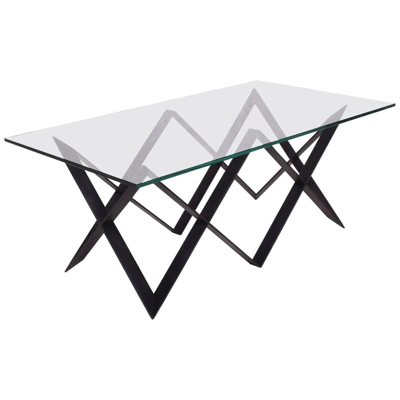 Custom "X" Base Iron and Glass Coffee Table