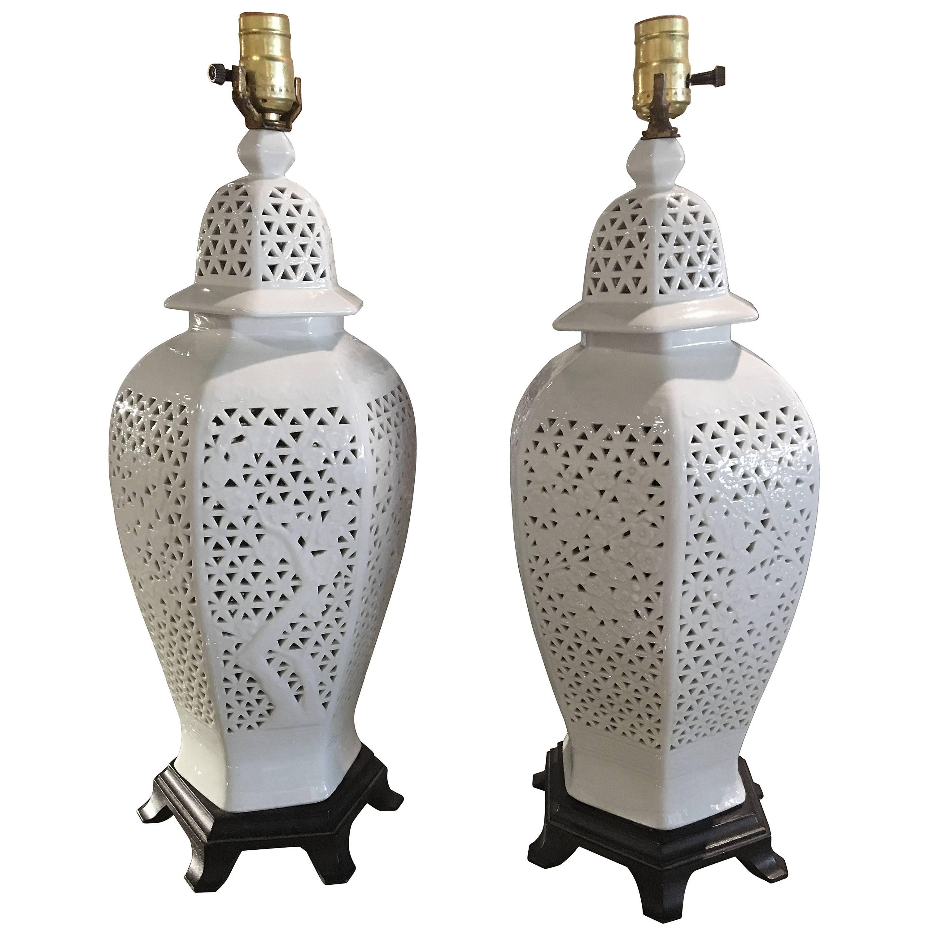 Pair of Pierced Chine de Blanc Table Asian Style Pierced Ceramic Table Lamps