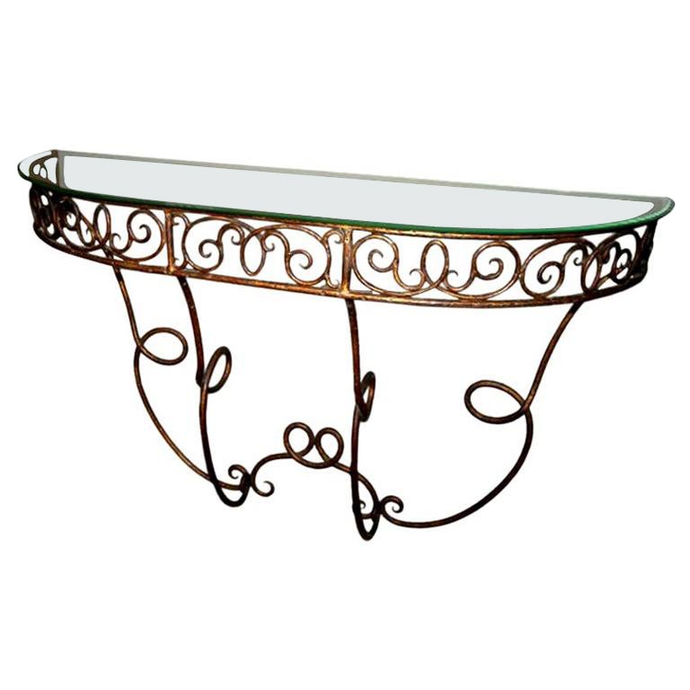 French Demilune Gilded Metal Console Table with Glass Top, 1920s For Sale