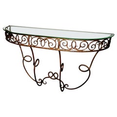 French Demilune Gilded Metal Console Table with Glass Top, 1920s