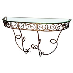 French Demilune Gilded Metal Console Table with Glass Top, 1920s