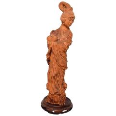 Fine Chinese Antique Hand-Carved Wood Sculpture of Woman Rabbit Ming