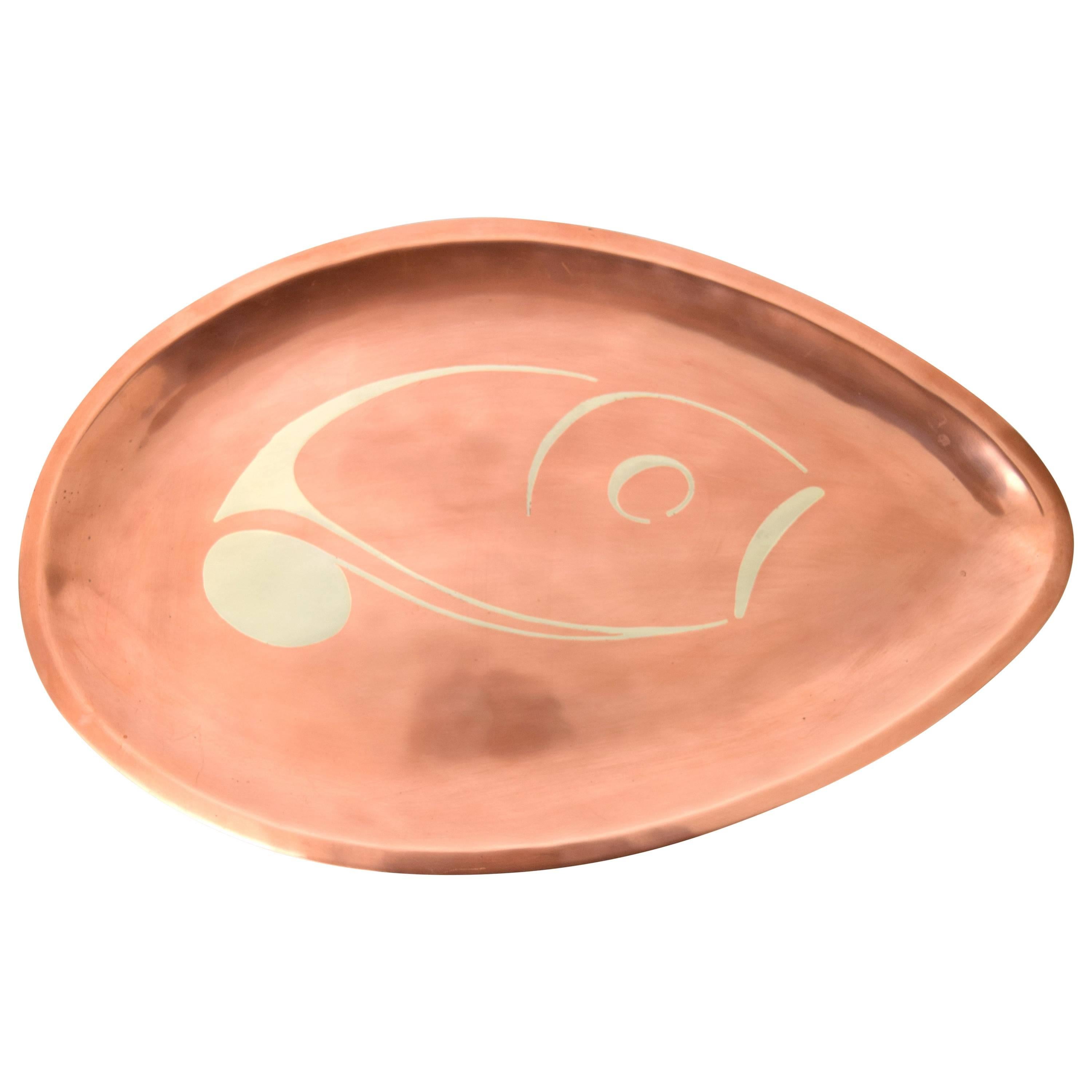 Polished Copper and Sterling Silver Tray by Los Castillo For Sale