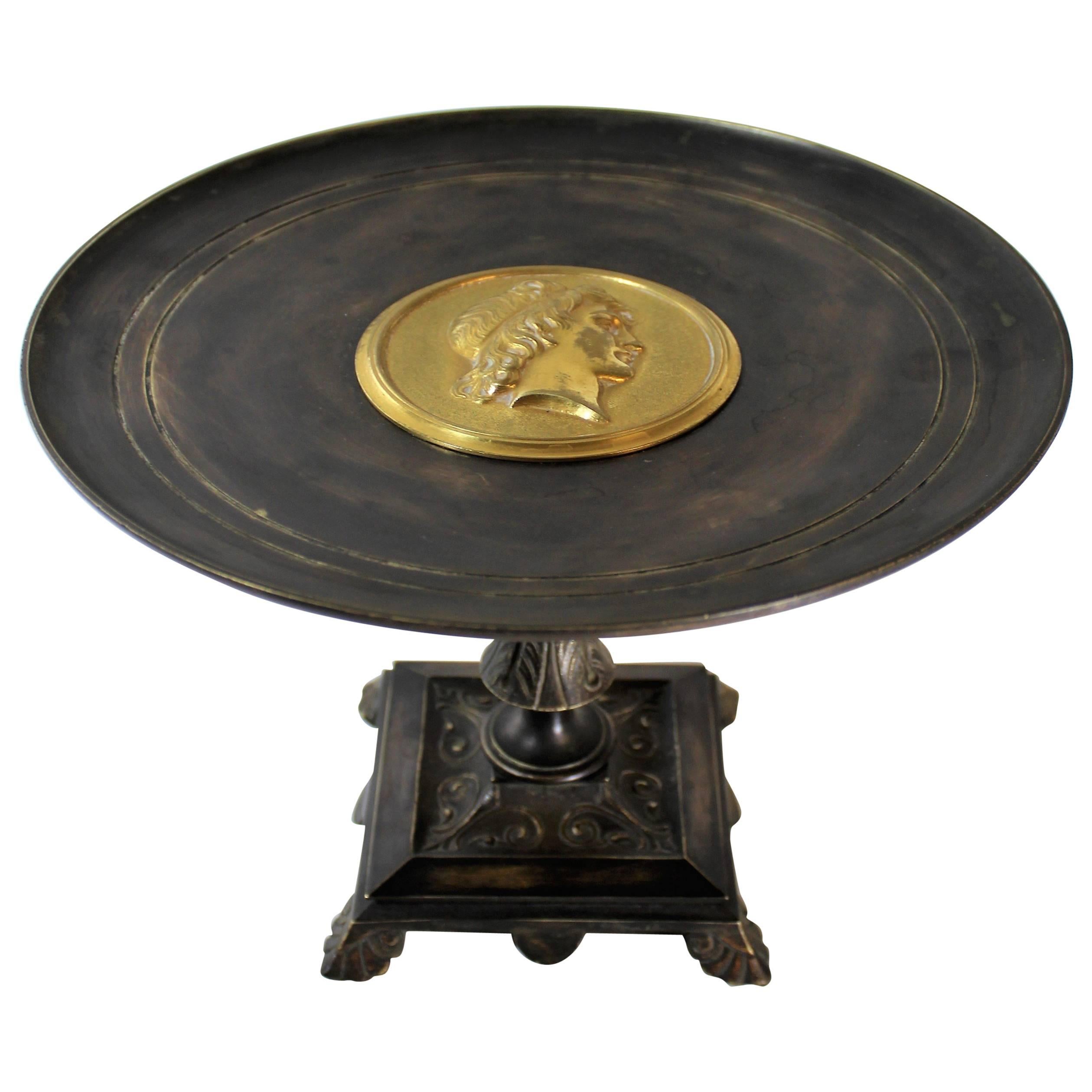 19th Century Neoclassical Bronze and Ebonized Tazza with Gold Gilt Medallion