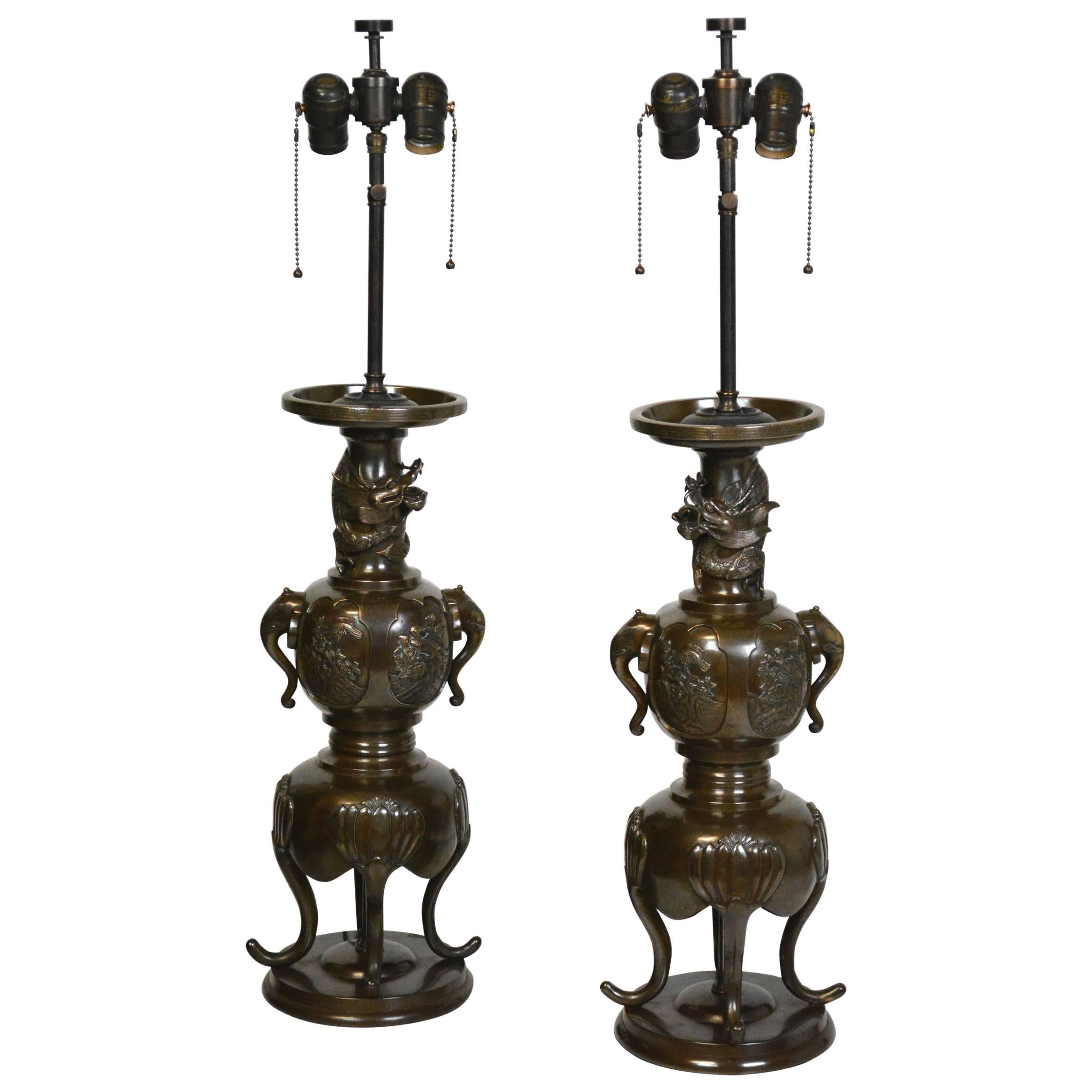 Pair of 19th Century Japanese Bronze Lamps For Sale