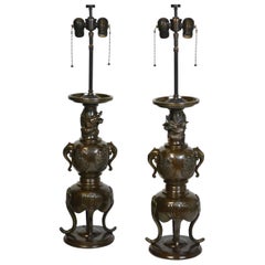 Pair of 19th Century Japanese Bronze Lamps