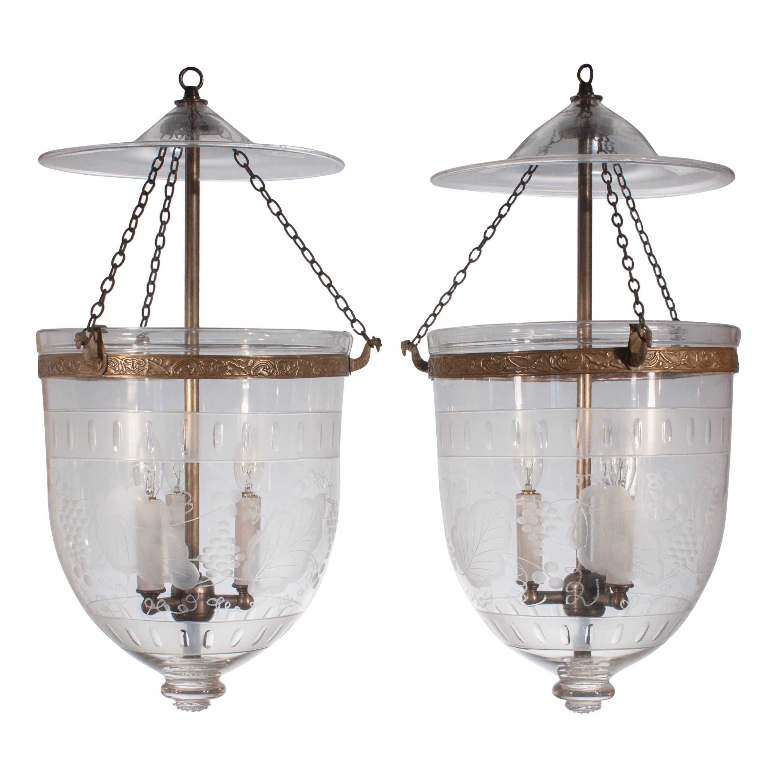 Pair of Bell Jar Lanterns with Frosted Etching 