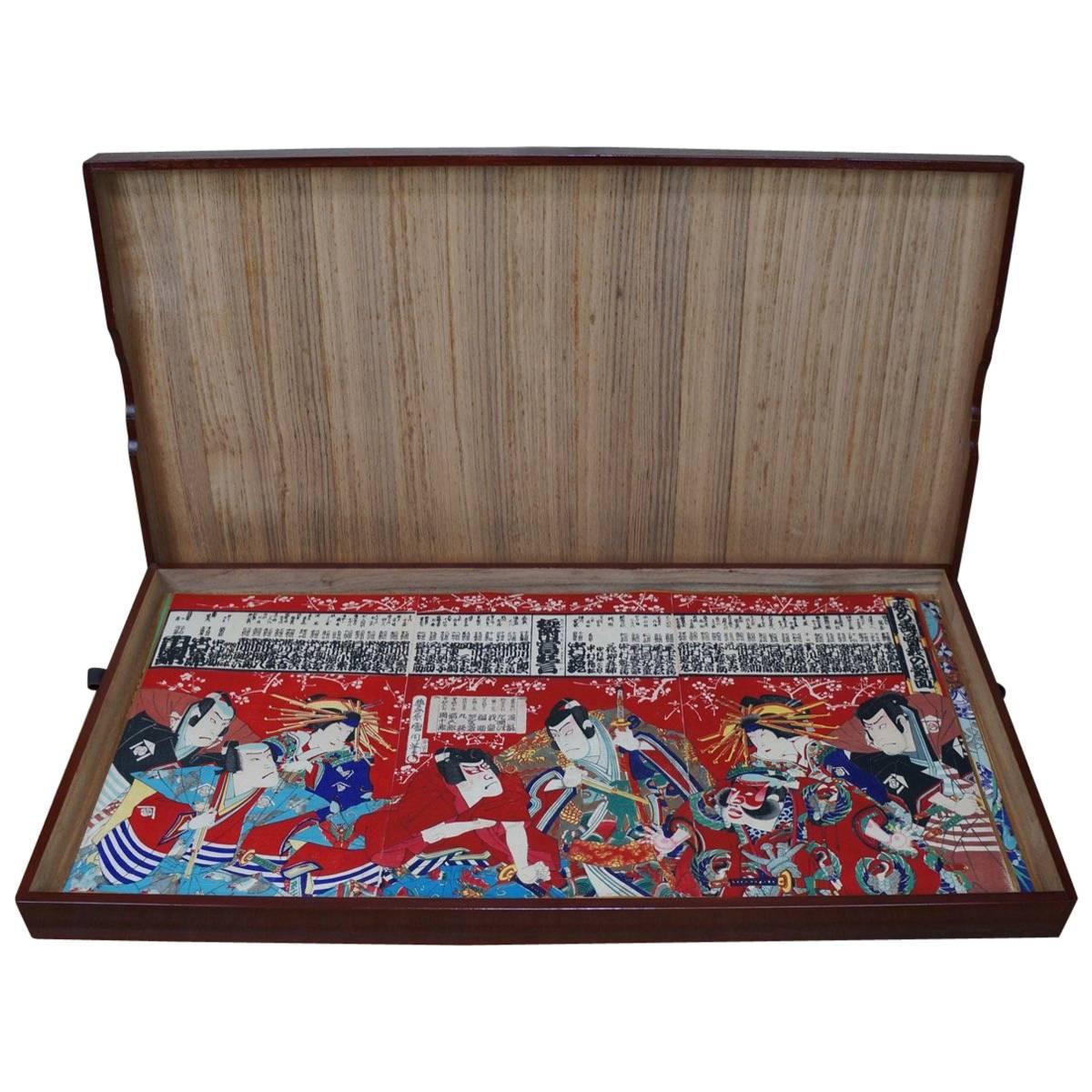 Important Japan Complete Antique Kabuki Woodblock 42 Prints 1870 Lacquer Box