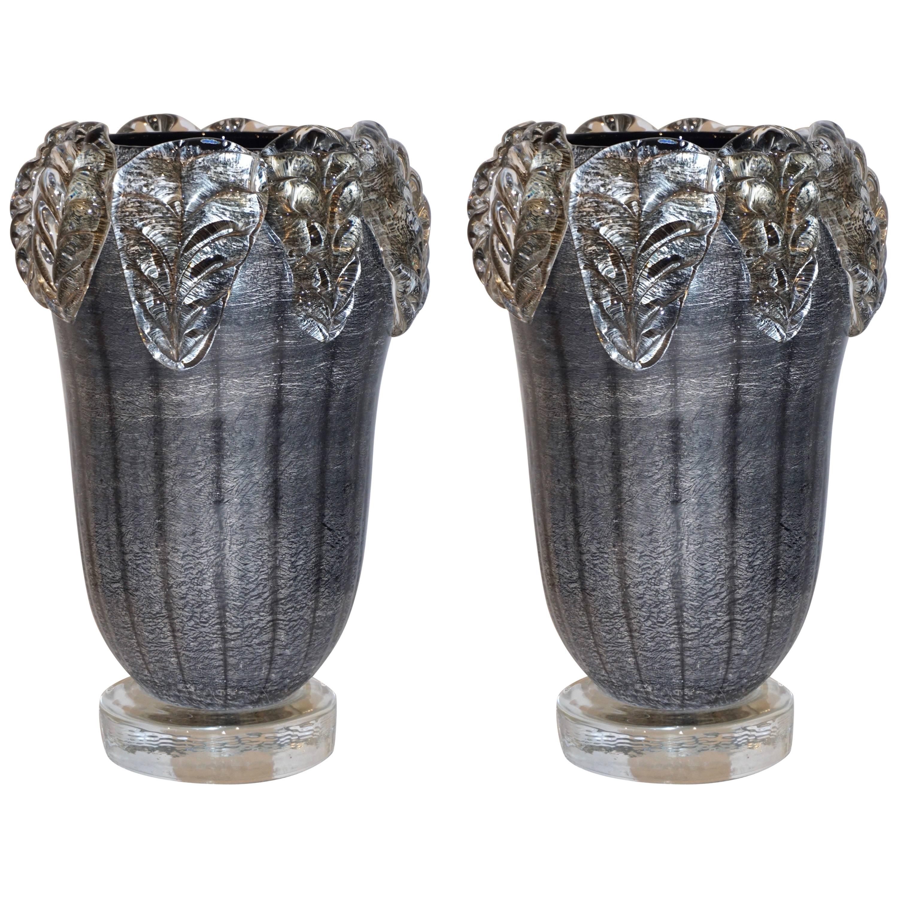 1980s Costantini Italian Pair of Silver Black Crystal Murano Glass Leaf Vases