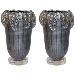 1980s Costantini Italian Pair of Silver Black Crystal Murano Glass Leaf Vases 2