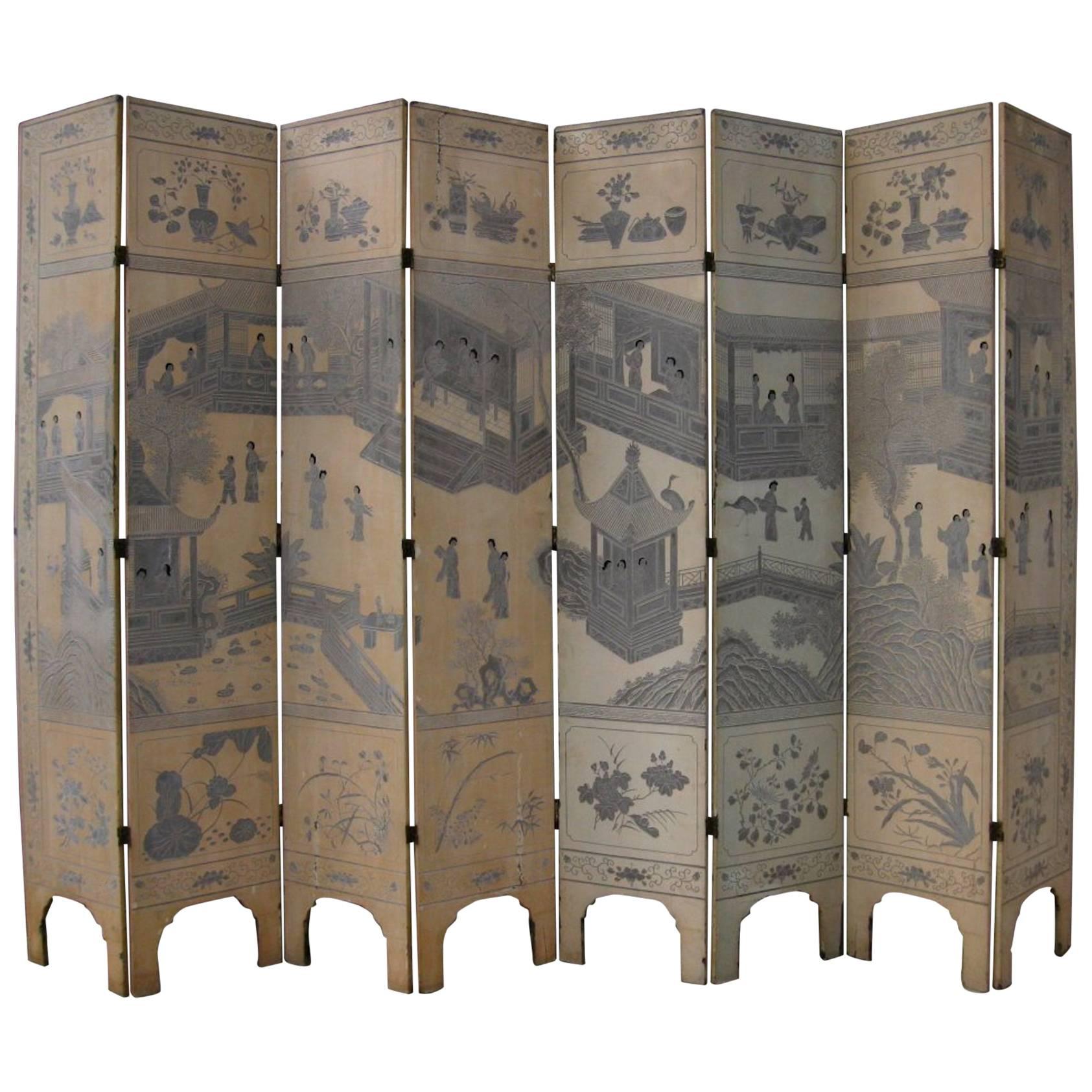 Chinese White and Silver Lacquered Eight-Panel Screen