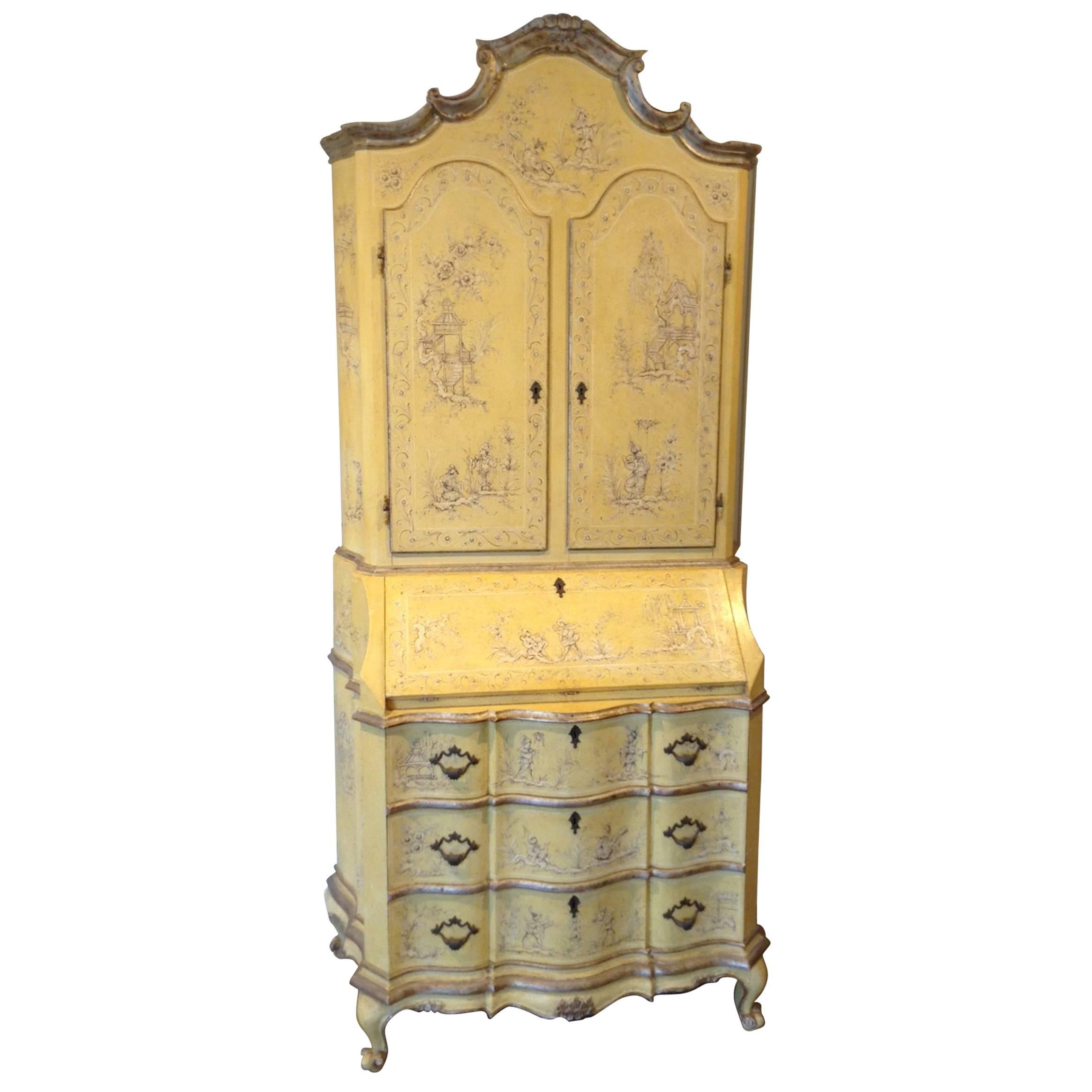 Beautiful Venetian Chinoisere Yellow Painted Secretary