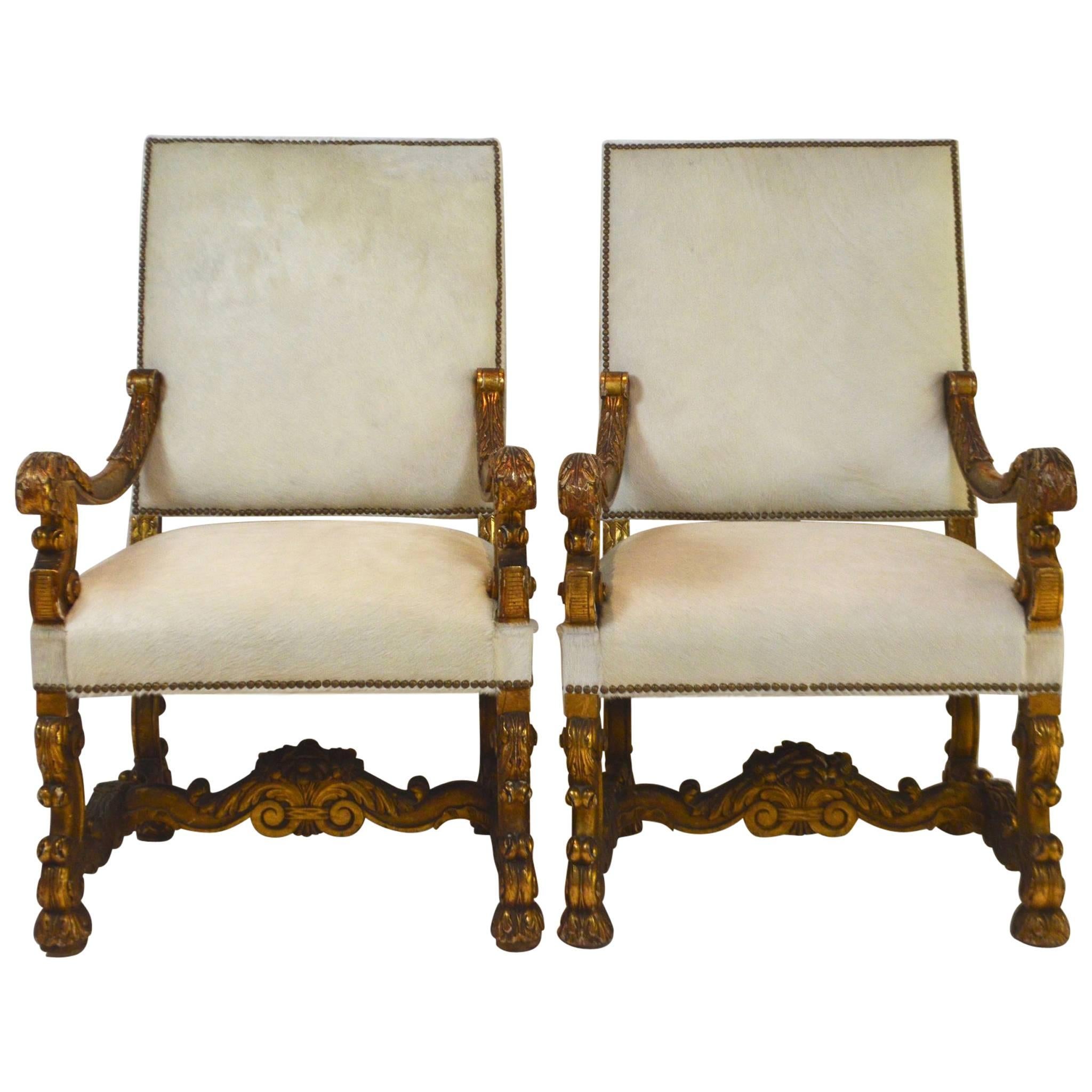 Pair of 19th Century Louis XIV Style Giltwood White Hair Hide Fauteuils